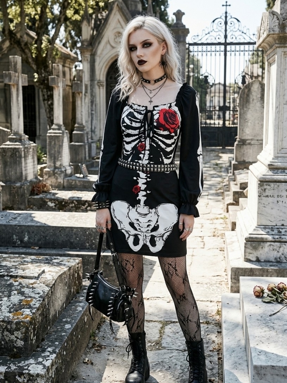 Black Gothic Skeleton Rose Mini Dress